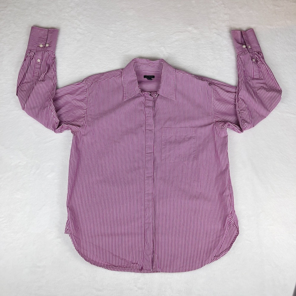 Ann Taylor Shirt Womens Small Pink White Striped Classic Fit Collared Button‎ Up